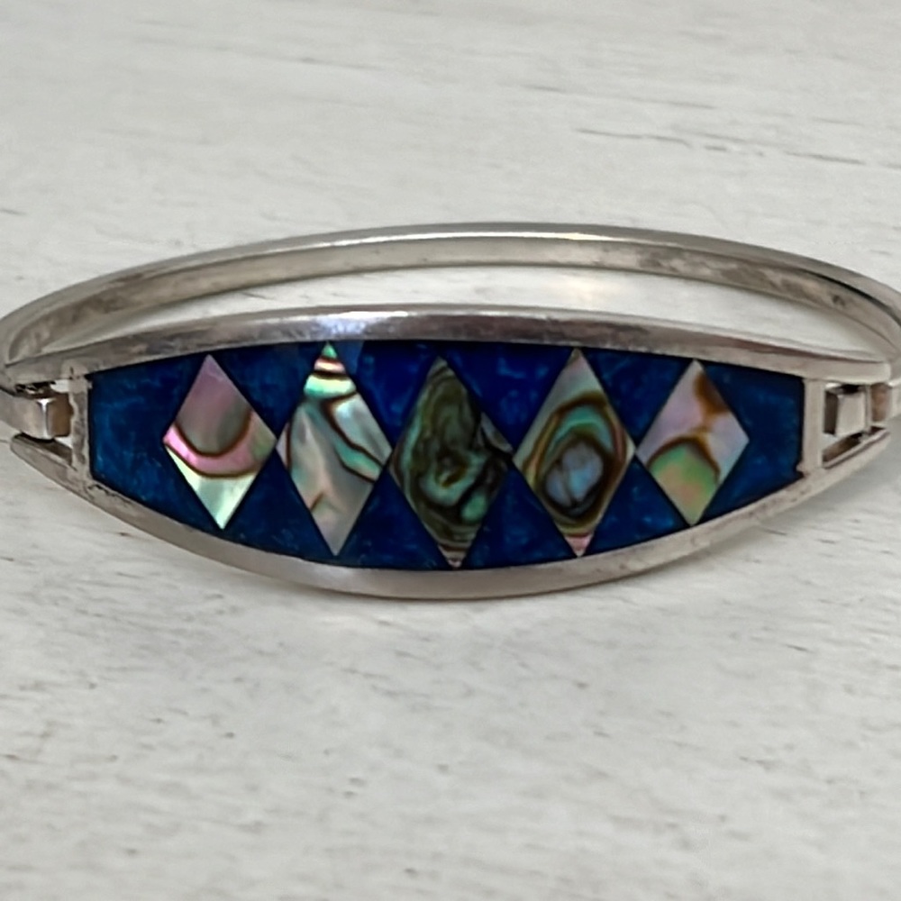 Vintage Alpaca silver & mother of pearl hinged bracelet 2.5” wide